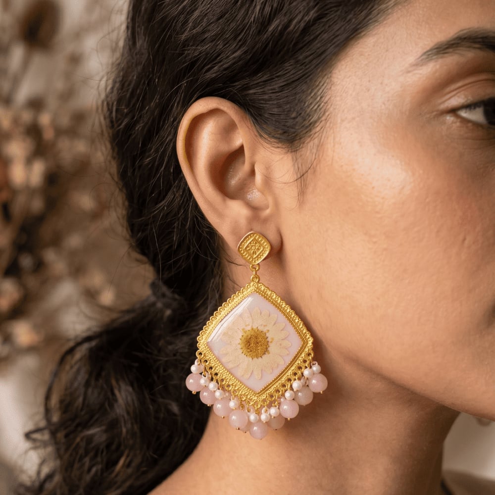 Handmade Resin Pressed Flower Jhumka Earrings with Pink Beads — view 5