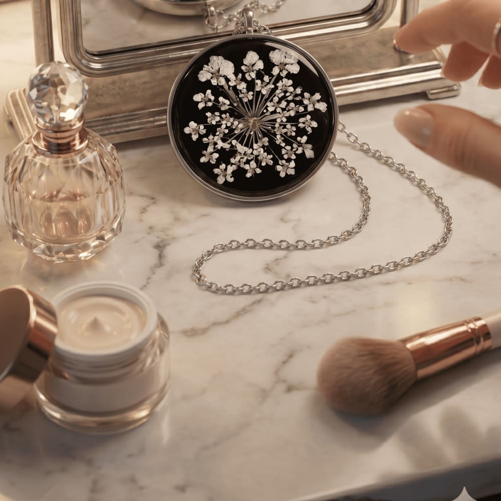 Midnight Bloom Handcrafted Resin Pendant | Real Pressed White Flowers — view 3