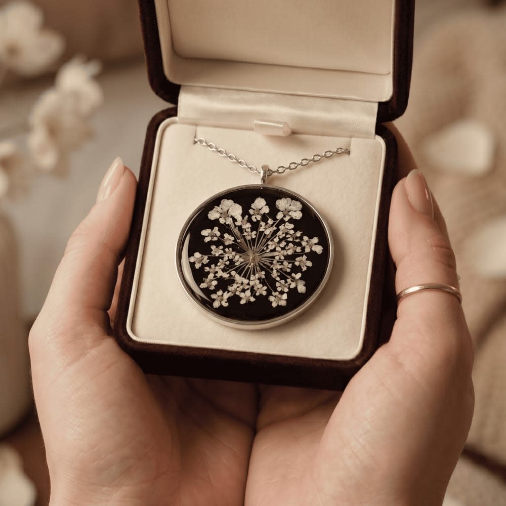 Midnight Bloom Handcrafted Resin Pendant | Real Pressed White Flowers — view 4