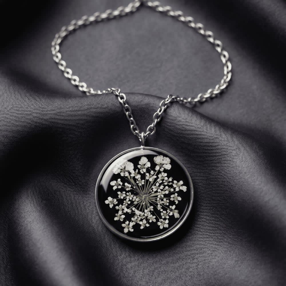 Midnight Bloom Handcrafted Resin Pendant | Real Pressed White Flowers — view 2