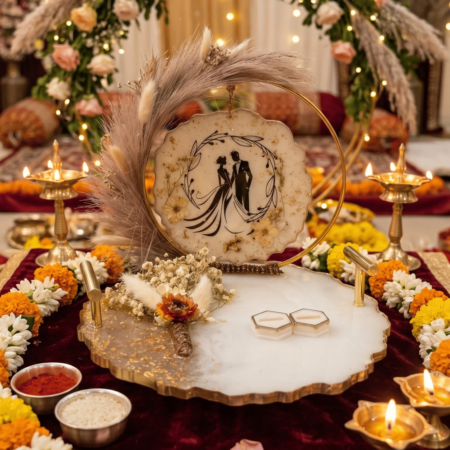 Handcrafted Resin Engagement Ring Platter with Couple Silhouette and Preserved Pampas Grass Decor — view 2