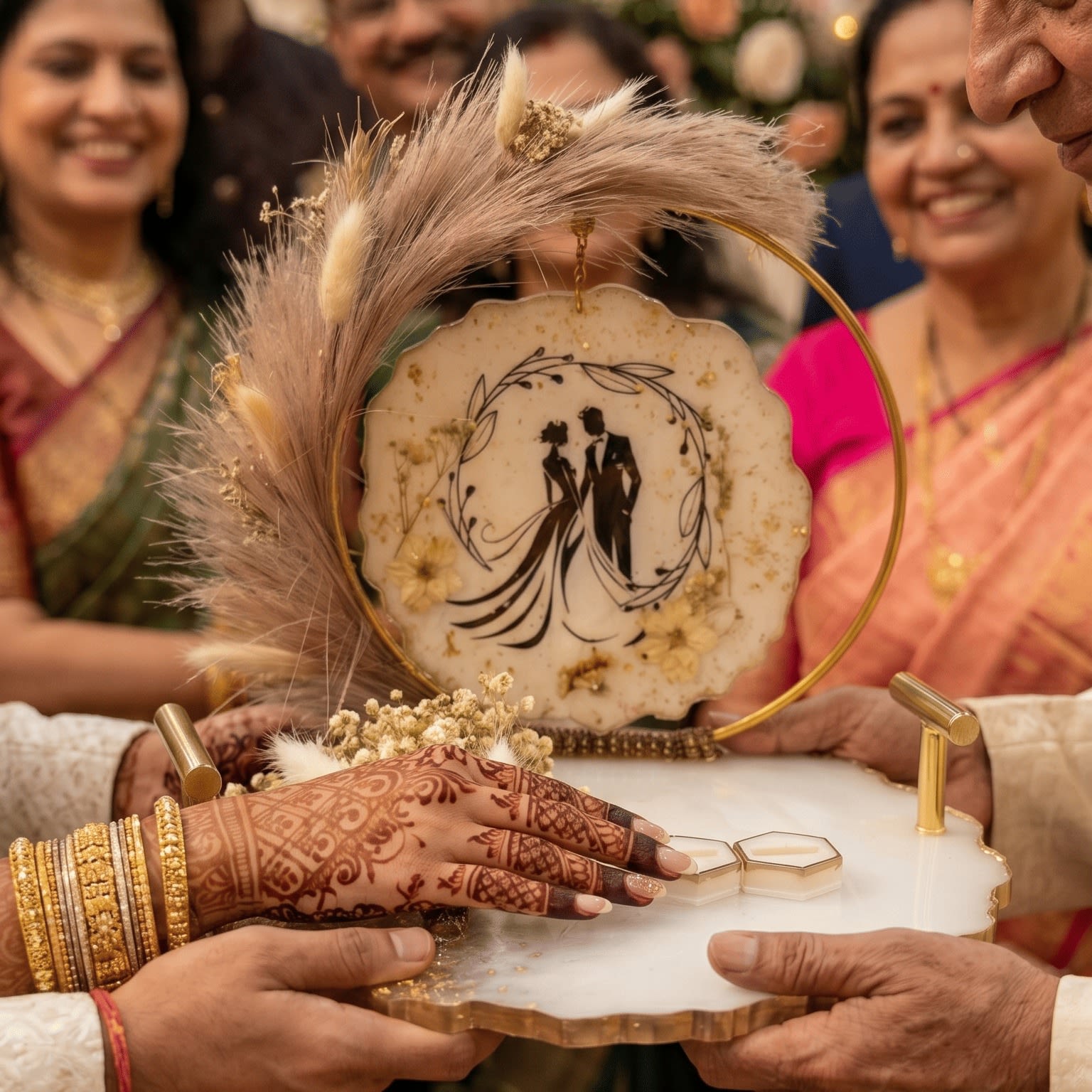 Handcrafted Resin Engagement Ring Platter with Couple Silhouette and Preserved Pampas Grass Decor — view 3