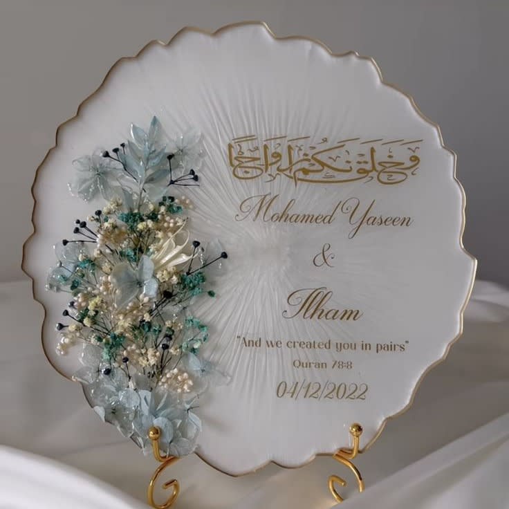 Personalised Resin Engagement Platter with Preserved Blue Flowers and Gold Calligraphy — view 4