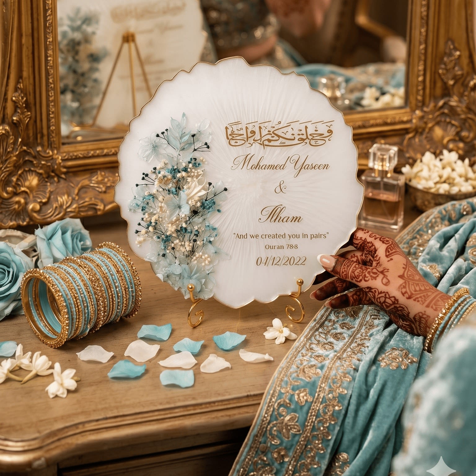 Personalised Resin Engagement Platter with Preserved Blue Flowers and Gold Calligraphy — view 3