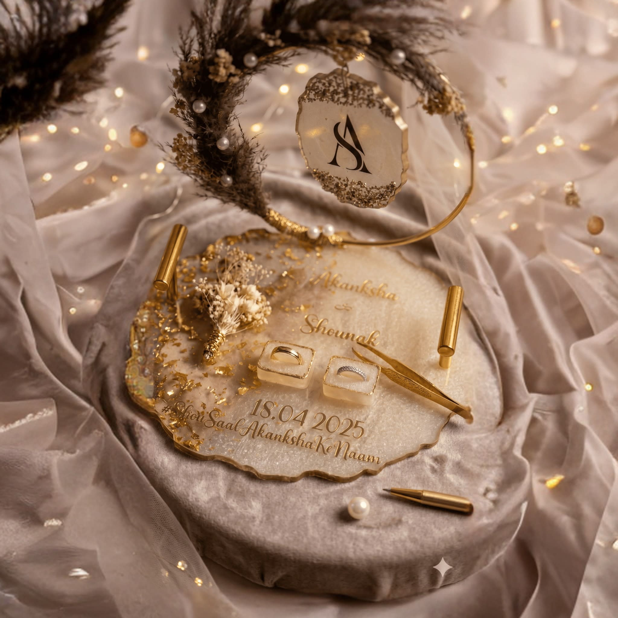 Personalized Resin Engagement Ring Platter with Gold Flakes, Dried Flowers and Pampas Grass - Custom Couple Names — wedding handcrafted resin gift by Giftistan
