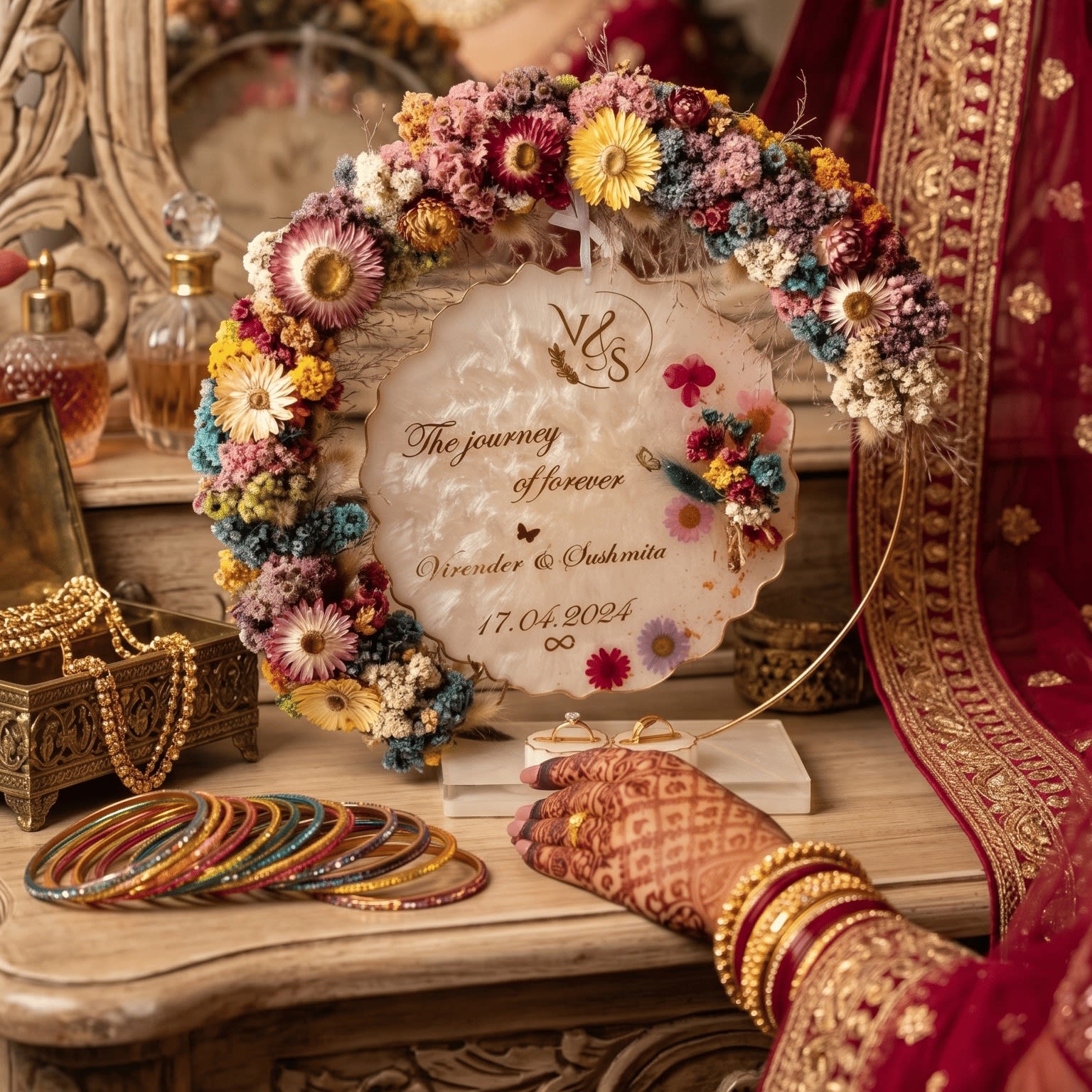 Personalized Floral Resin Engagement Ring Platter for Wedding Ceremony - Handcrafted with Dried Flowers and Gold Accents — view 4
