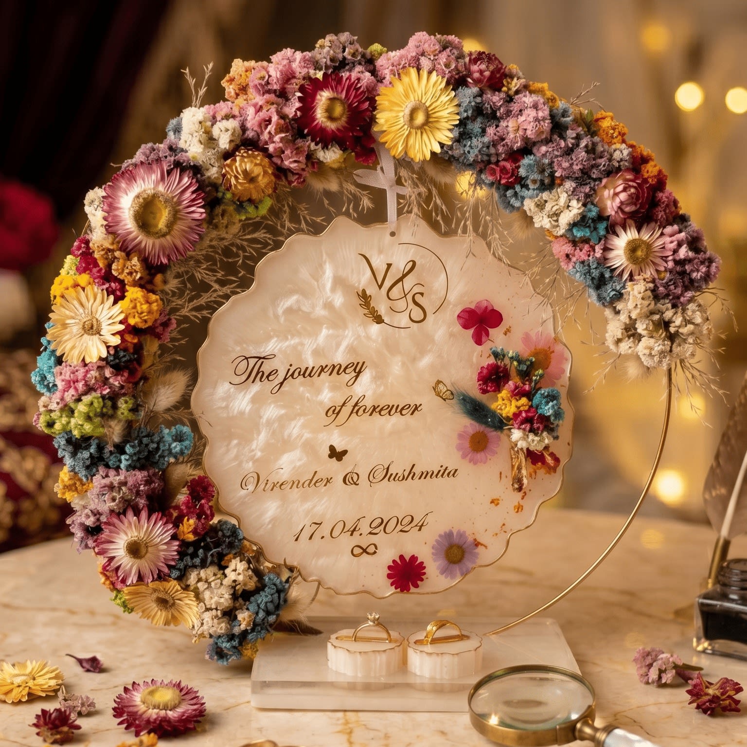 Personalized Floral Resin Engagement Ring Platter for Wedding Ceremony - Handcrafted with Dried Flowers and Gold Accents — view 3