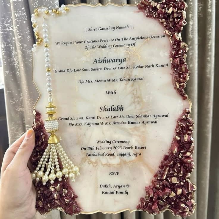 Luxury Handcrafted Resin Wedding Invitation Card with Gold Foil Edges, Pearl Tassel and Red Crystal Borders — view 2