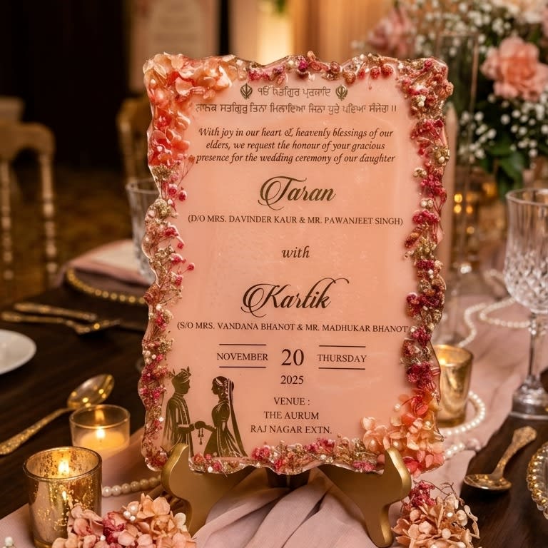 Giftistan Personalized Resin Wedding Invitation Plaque with Dried Flowers, Gold Foil Accents, and Traditional Motifs — wedding by Giftistan