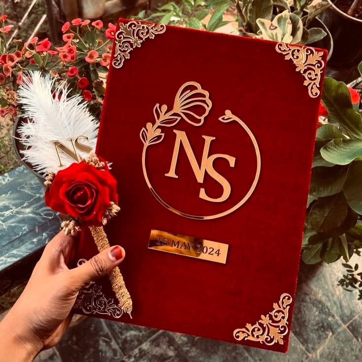 Premium Red Velvet Nikah Nama Folder with Golden Calligraphy and Feather Accents - Personalized Islamic Marriage Certificate Cover — muslim-wedding by Giftistan