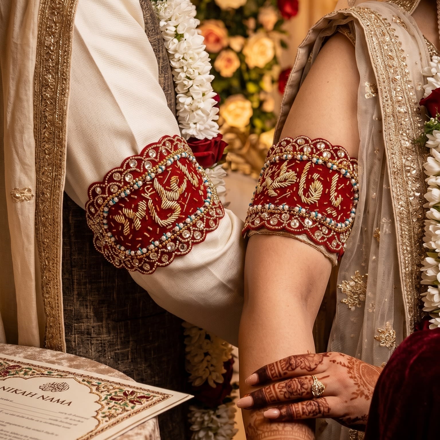 Premium Handcrafted Red Velvet Imam Zamin Set with Gold Zardosi Calligraphy and Scalloped Beadwork for Bride and Groom — muslim-wedding by Giftistan