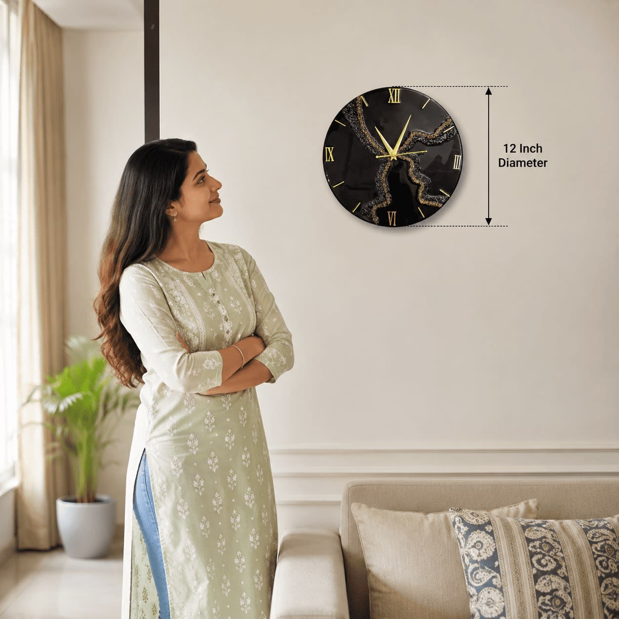 Black & Gold Resin Wall Clock — Cracked Marble, 12 Inch — view 2