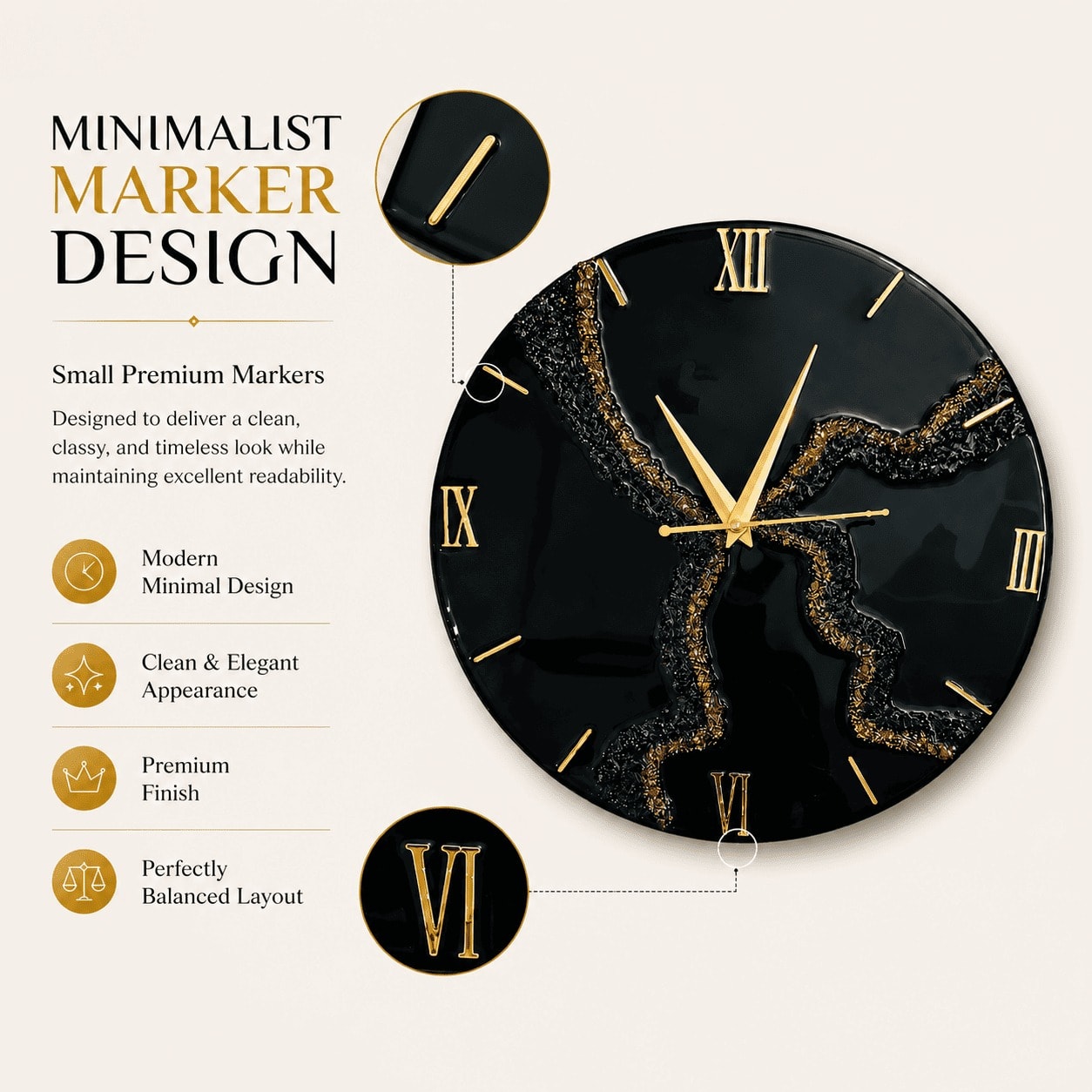 Black & Gold Resin Wall Clock — Cracked Marble, 12 Inch — view 3
