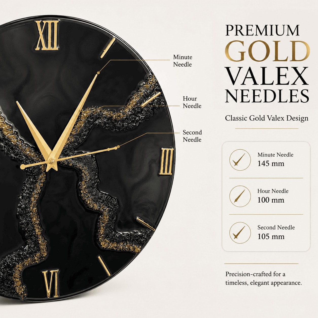 Black & Gold Resin Wall Clock — Cracked Marble, 12 Inch — view 4