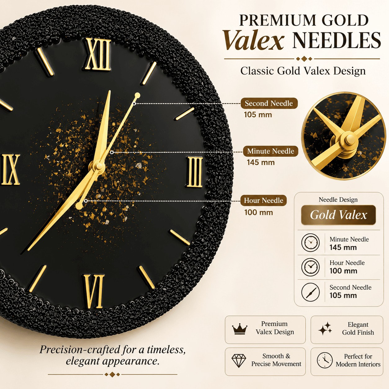 Resin Wall Clock Black Stone-Border — Gold Splash, 12 Inch — view 4