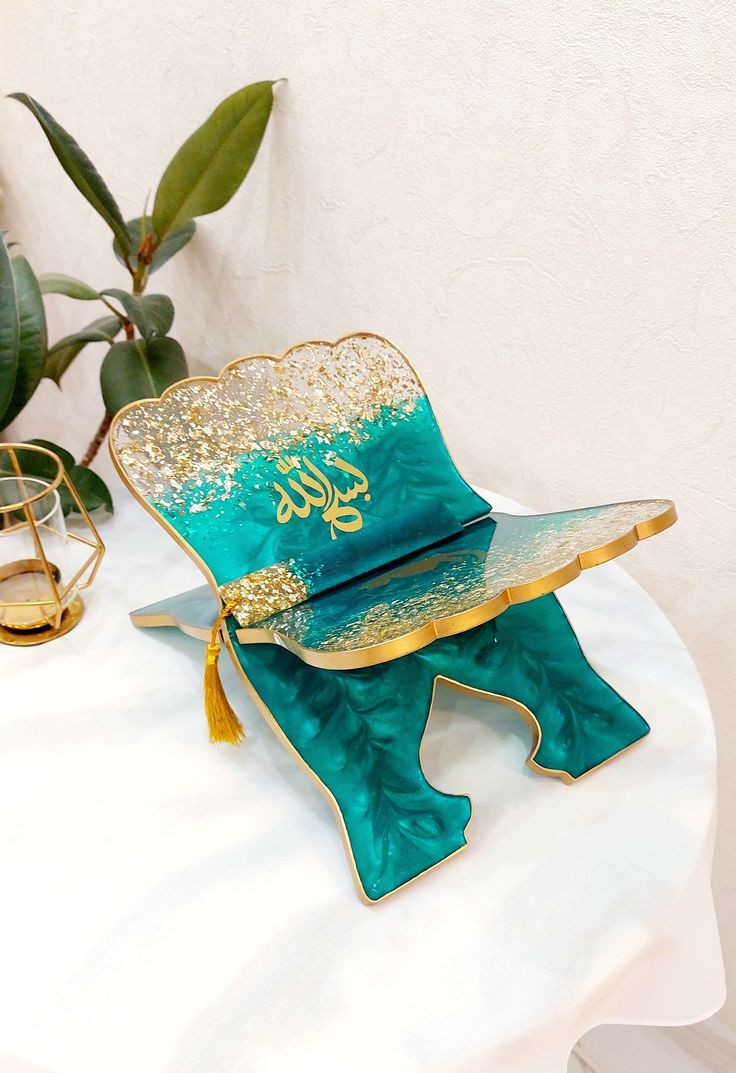 Teal Green Resin Rehal Stand with Gold Flakes & Bookmark