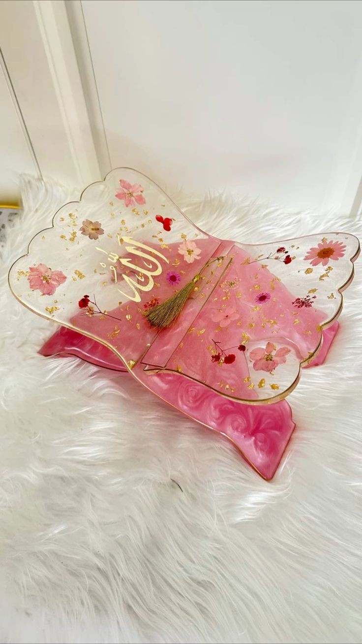 Pink Floral Resin Rehal with Gold Calligraphy