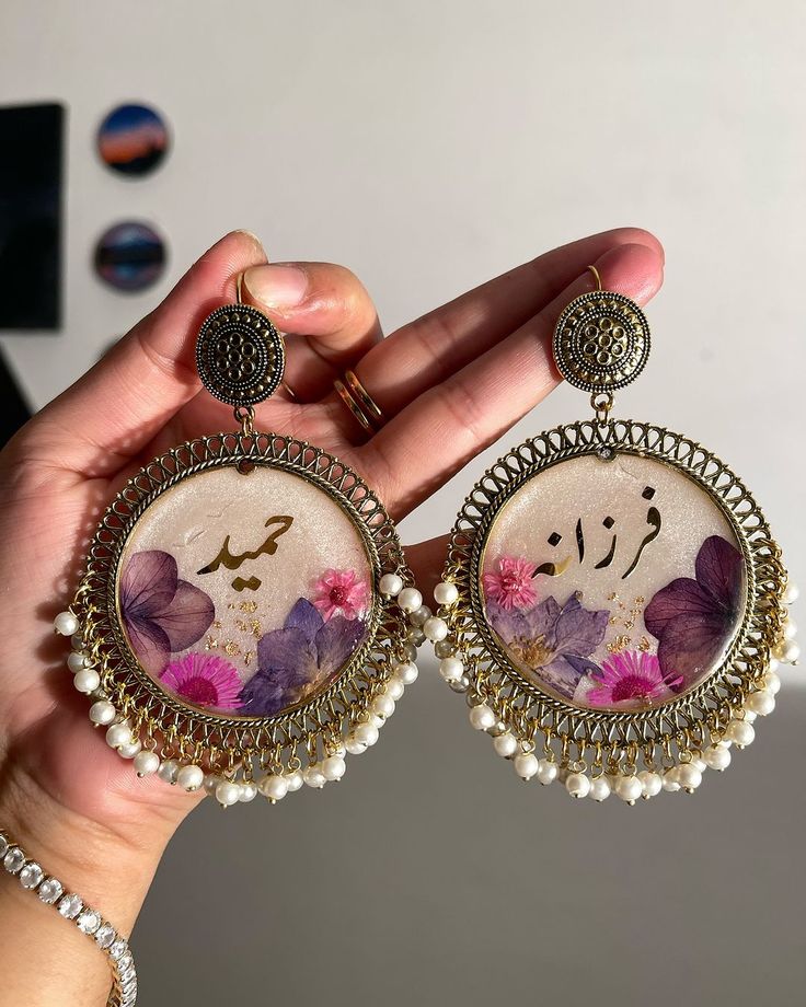 Personalized Floral Personalized Name Resin Jhumka Earrings - Pearl Fringe