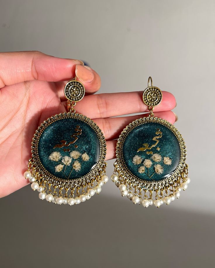 Handmade Gold & Blue Floral Resin Earrings with Pearls