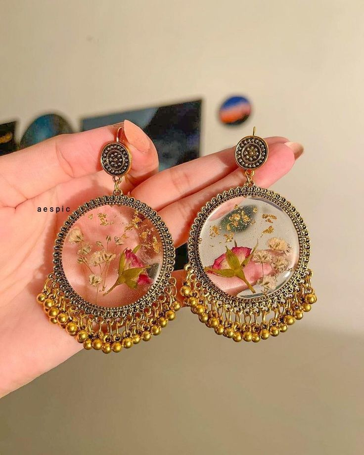 Transparent Resin Floral Statement Earrings with Gold Foil & Ghungroo Drops