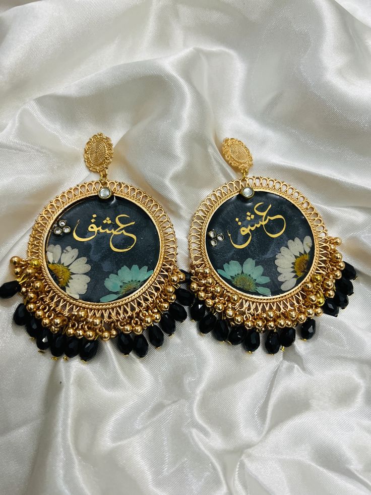 Gold Floral Resin Earrings with Arabic Calligraphy - Handmade