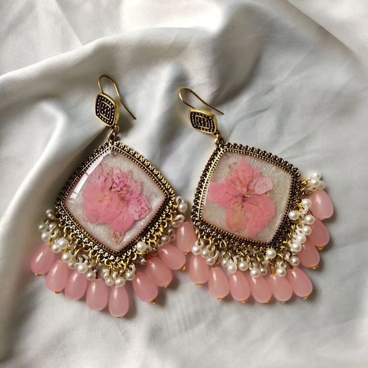 Handmade Resin Pressed Flower Earrings | Pink & Gold Jhumka Style