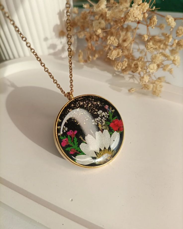 Enchanted Night Garden Resin Pendant | Mixed Pressed Flowers & Gold Dust