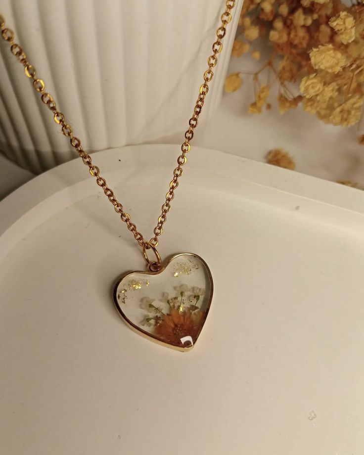 Romantic Heart Botanical Resin Necklace | Pressed Flowers & Gold Flakes