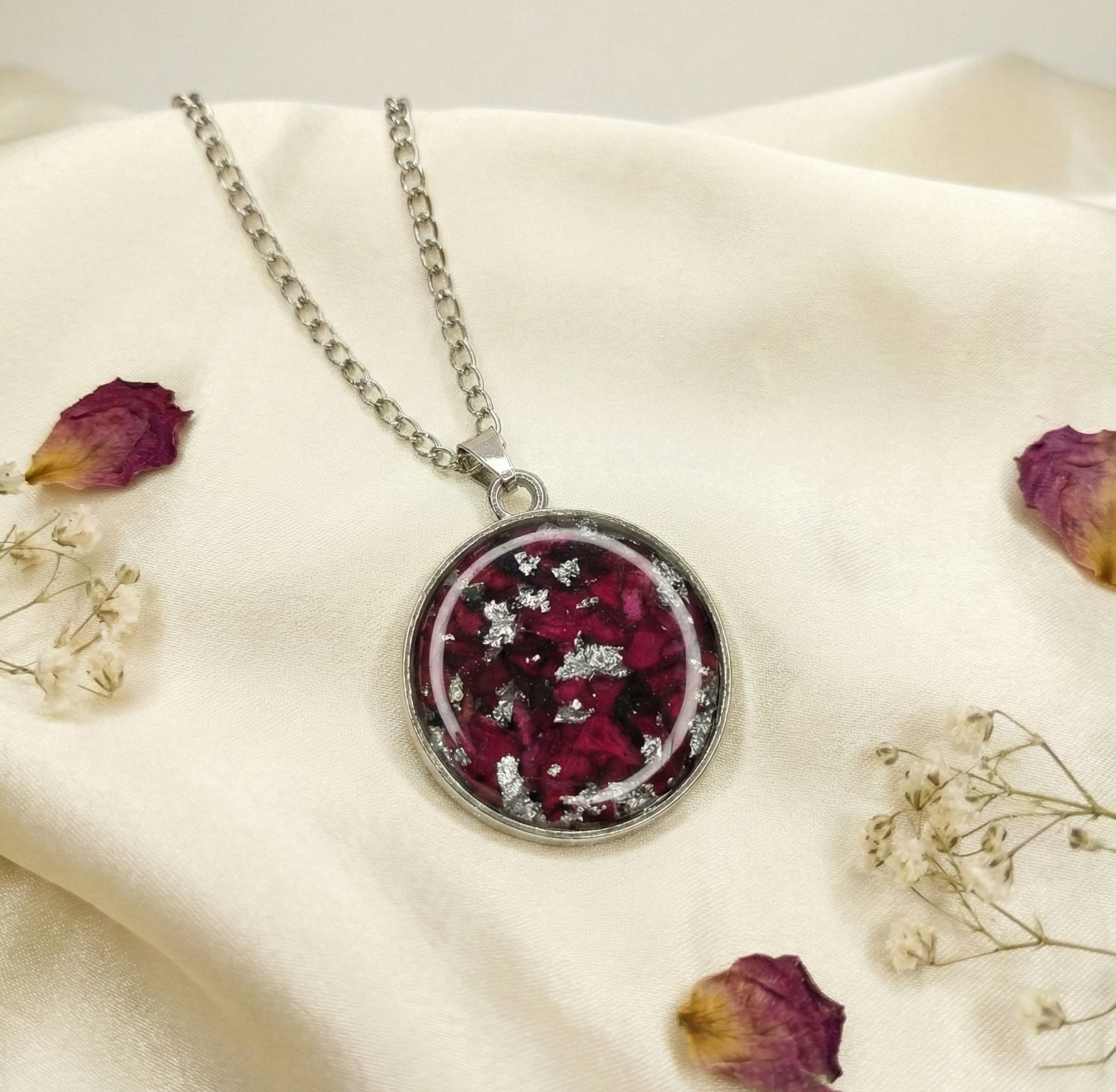 Real Preserved Rose & Silver Flake Resin Pendant Necklace - Custom Memorial Jewelry