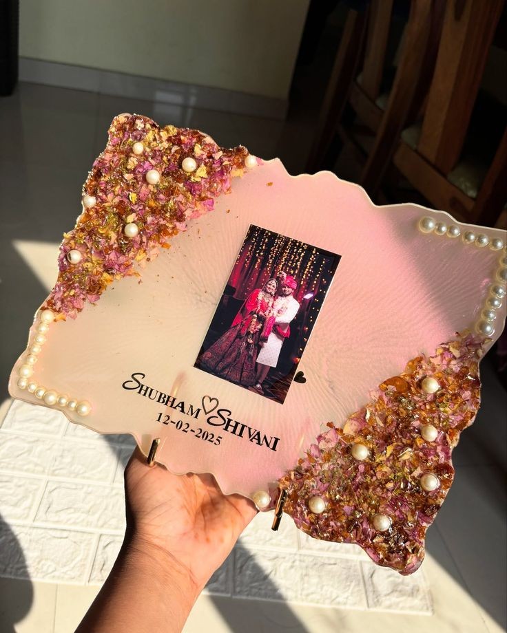 Personalized Agate Shape Resin Varmala Preservation Art - Pink & Gold