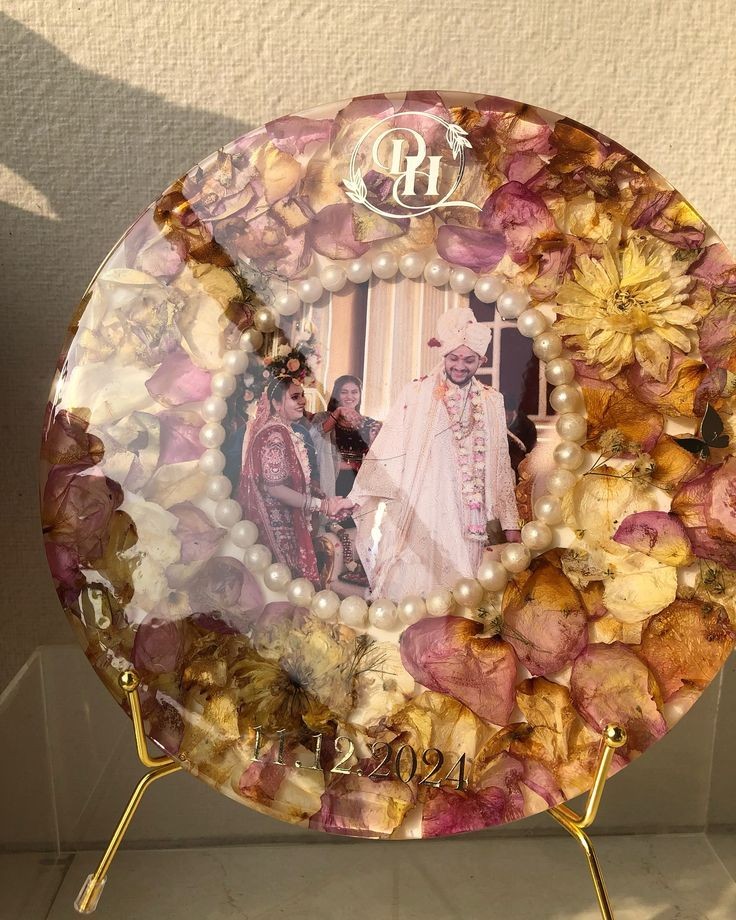 Personalized Round Resin Varmala Preservation Art - Pink & Yellow