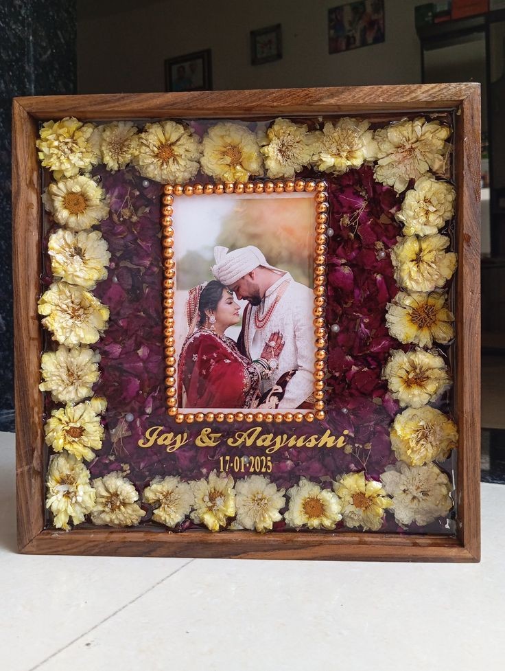 Personalized Square Wood Frame Varmala Preservation Resin Art - Yellow & Deep Red