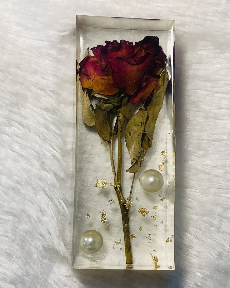 3D Resin Preserved Single Rose Rectangle with Pearls & Gold Flakes
