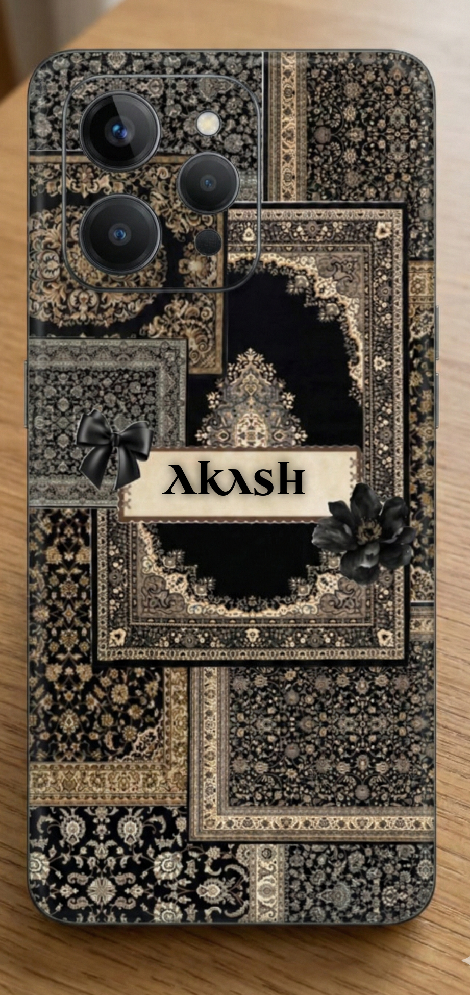 Pashmina Mobile Cover with Customized Name - Royal Black Resin Coated
