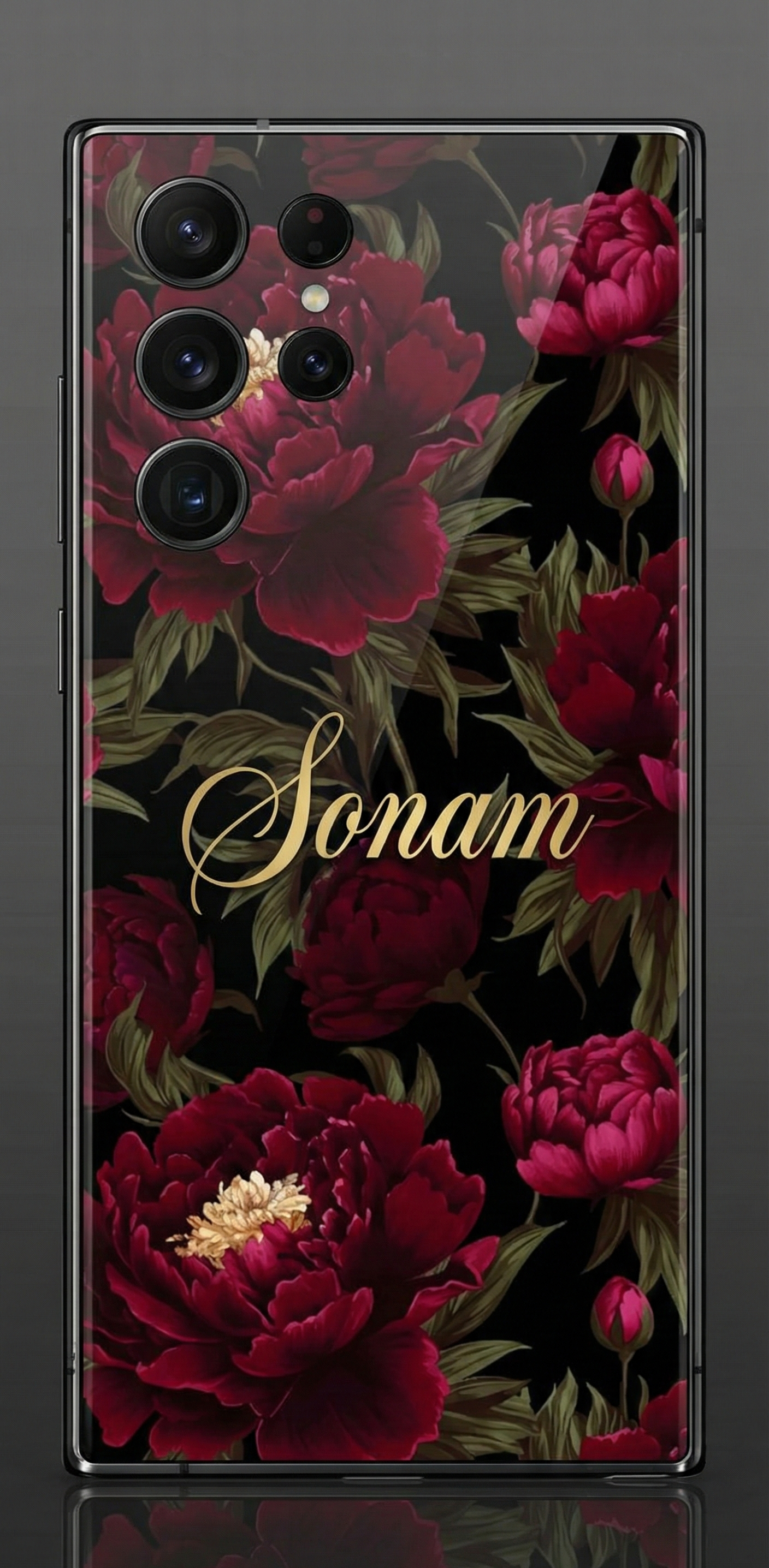 Midnight Red Floral Custom Name Resin Mobile Cover - High Gloss Finish