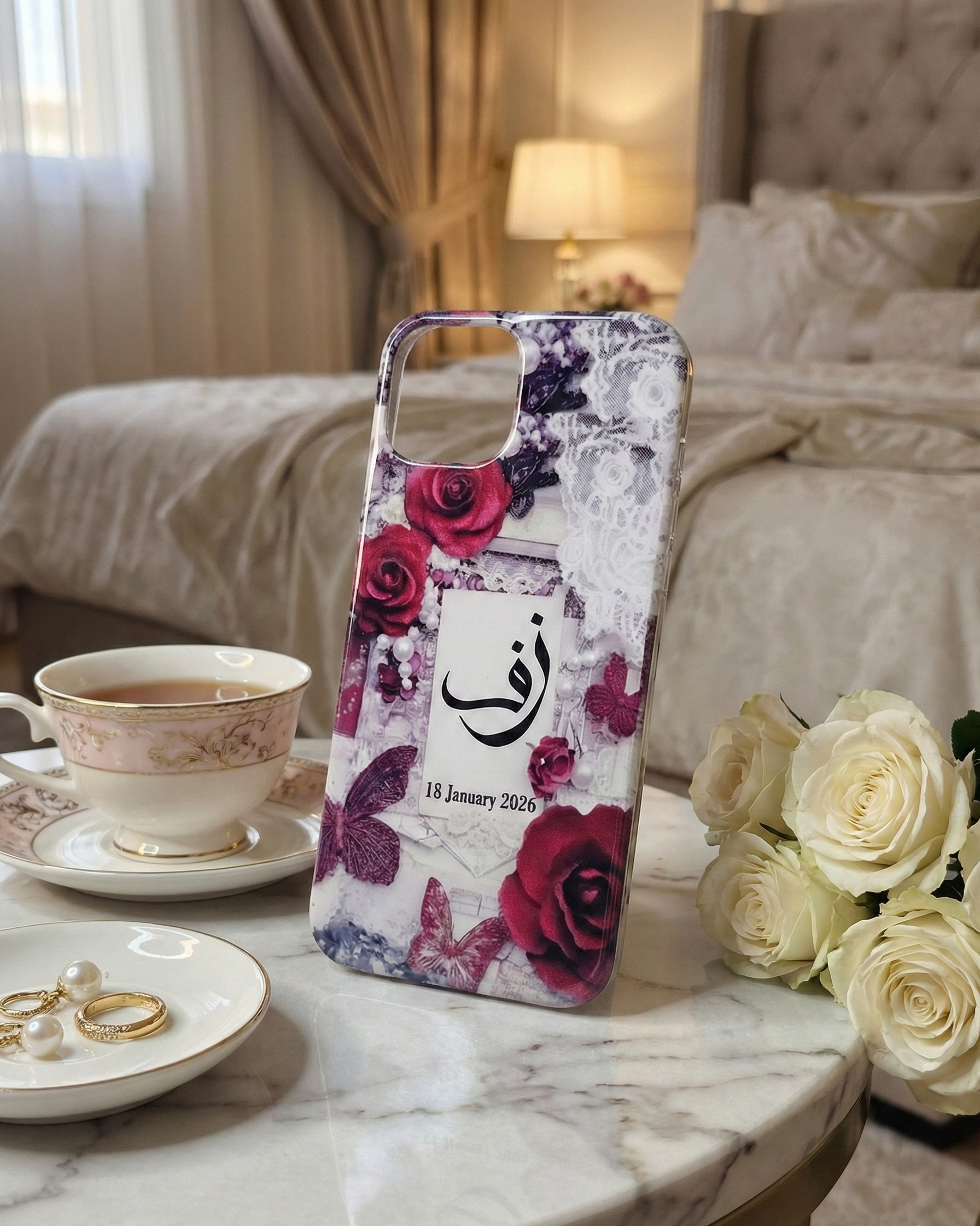 Customized Pashmina Resin Mobile Cover - Vintage Rose & Butterfly Edition (With Name & Date)