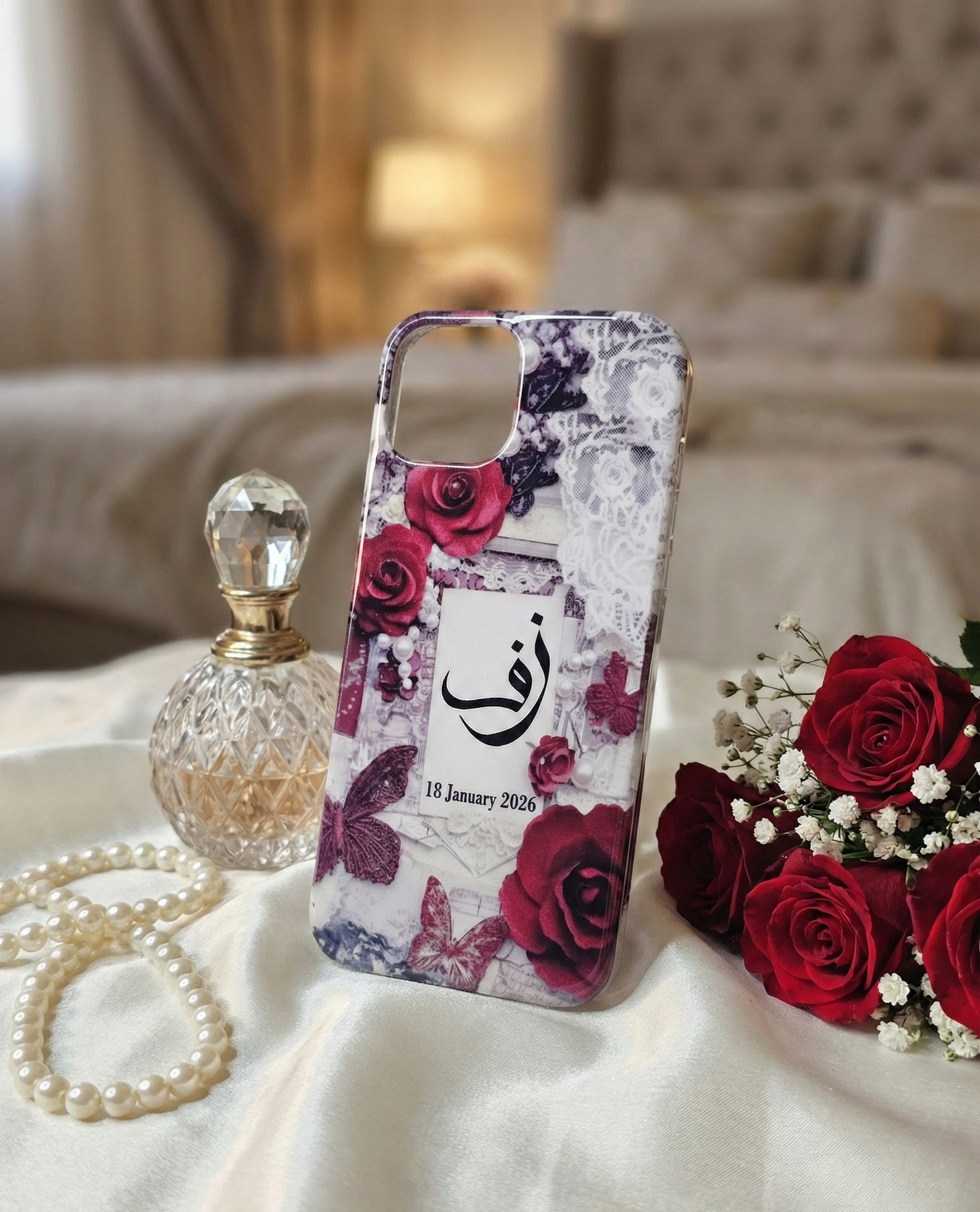 Customized Pashmina Resin Mobile Cover - Vintage Rose & Butterfly Edition (With Name & Date) 3