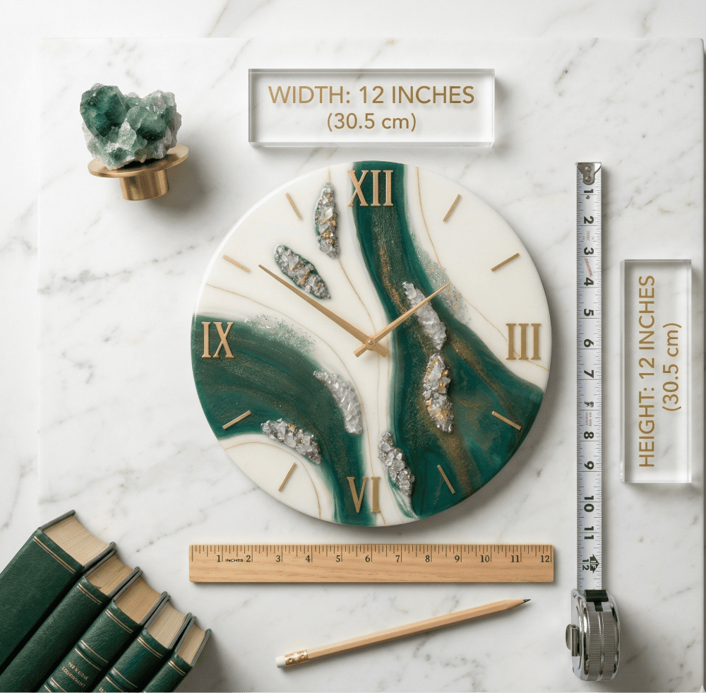 Emerald Green & White Epoxy Resin Wall Clock with Crystal Geode Inclusions | Luxury Handcrafted Home Decor | 12 Inch 5