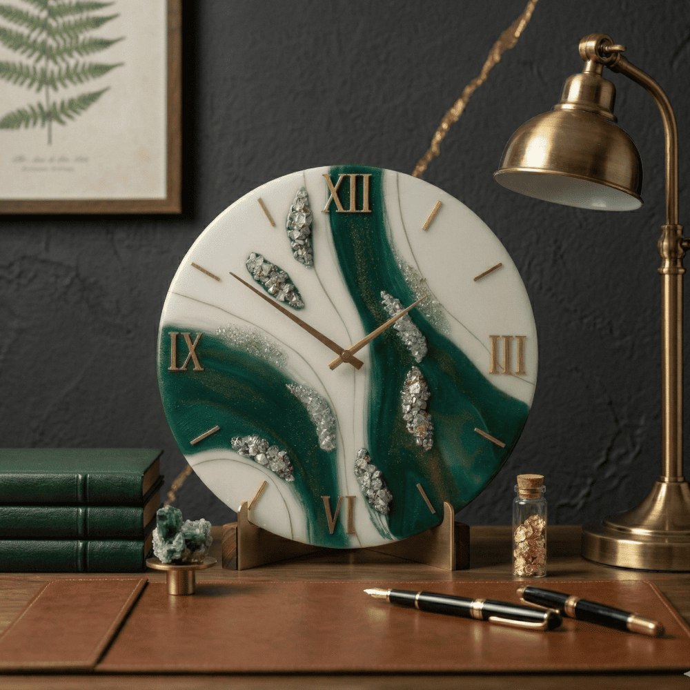 Emerald Green & White Epoxy Resin Wall Clock with Crystal Geode Inclusions | Luxury Handcrafted Home Decor | 12 Inch 3