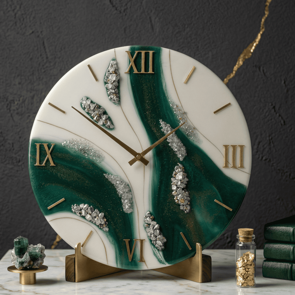 Emerald Green & White Epoxy Resin Wall Clock with Crystal Geode Inclusions | Luxury Handcrafted Home Decor | 12 Inch 2