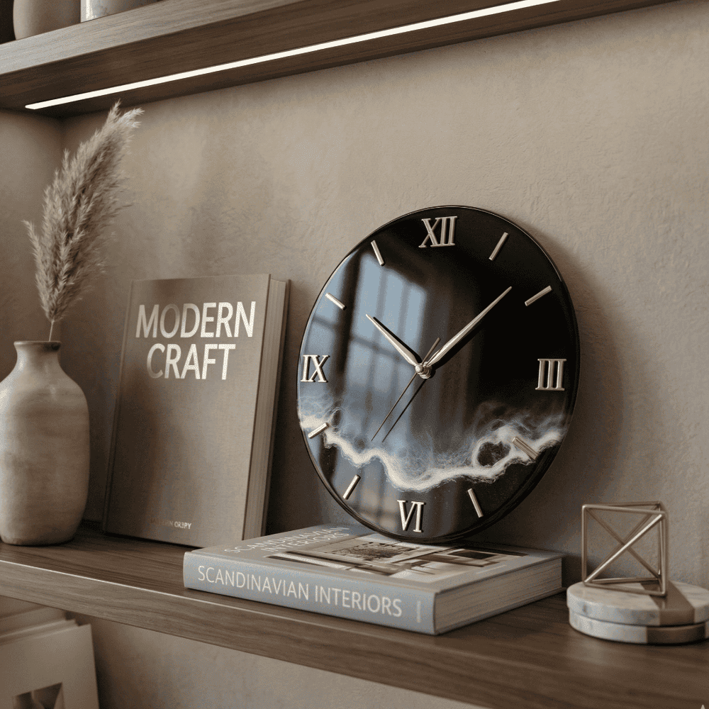 Giftistan Resin Wall Clock | Black & Gold Roman Numeral | Luxury Home Decor | Marble Effect Art Clock | Unique Housewarming Gift