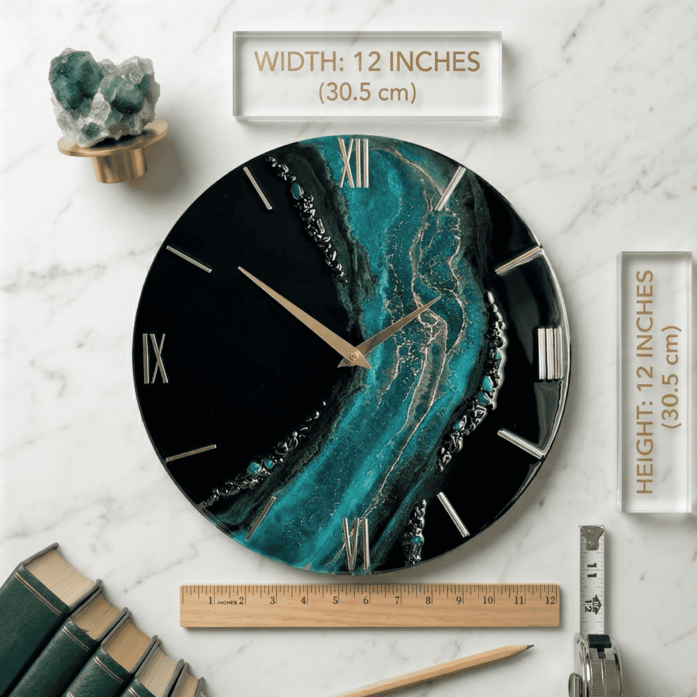 Giftistan Resin Wall Clock | Black & Teal Ocean Art | 12x12 Inch | Gold Roman Numerals | Premium Home Décor Gift 2
