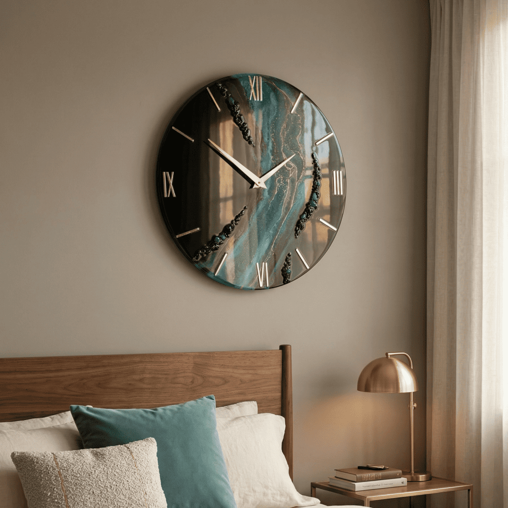 Giftistan Resin Wall Clock | Black & Teal Ocean Art | 12x12 Inch | Gold Roman Numerals | Premium Home Décor Gift 5