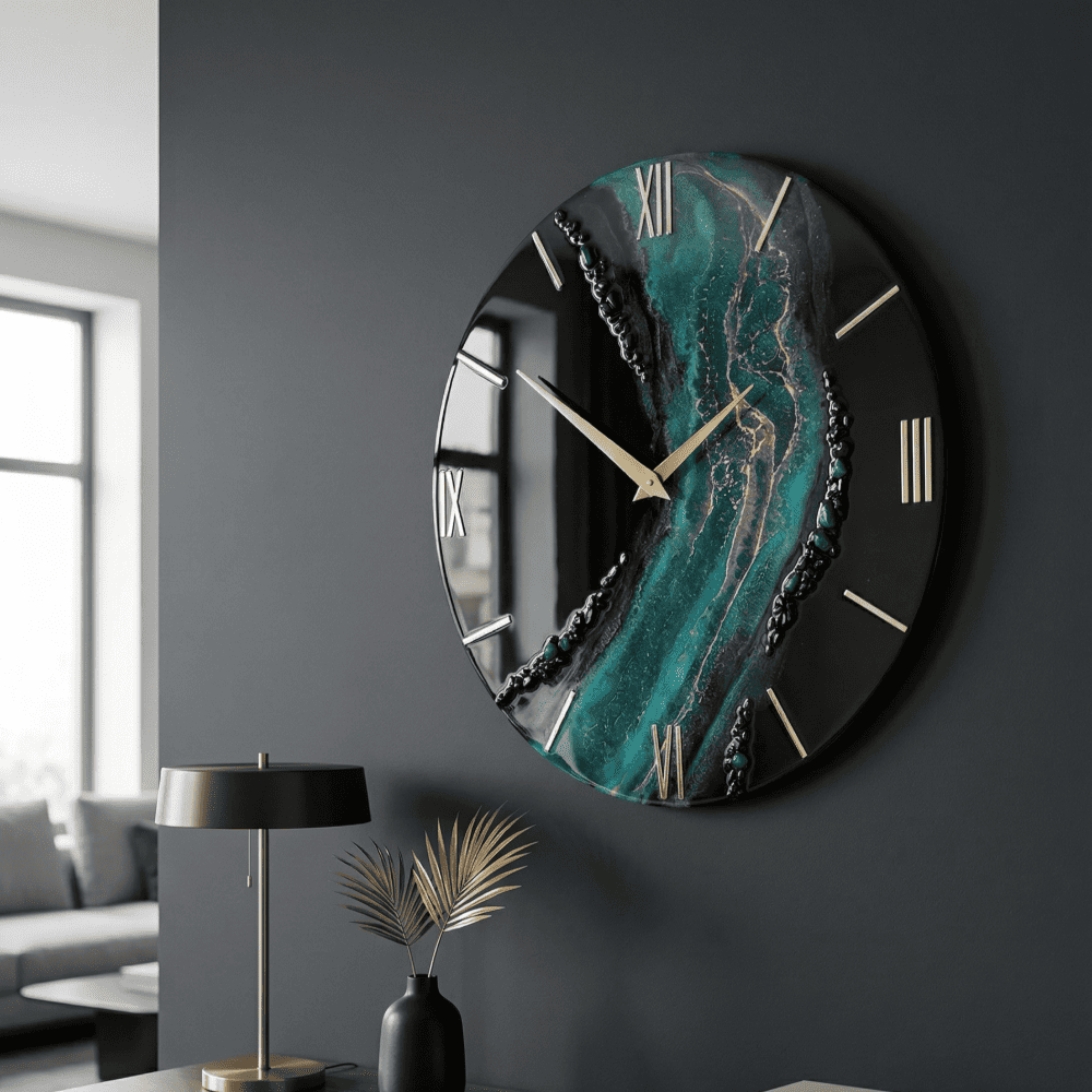 Giftistan Resin Wall Clock | Black & Teal Ocean Art | 12x12 Inch | Gold Roman Numerals | Premium Home Décor Gift