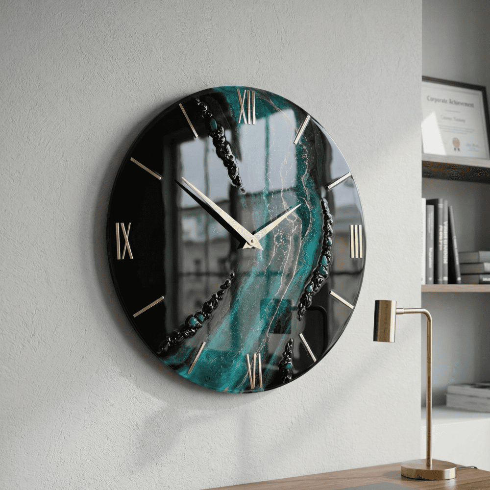 Giftistan Resin Wall Clock | Black & Teal Ocean Art | 12x12 Inch | Gold Roman Numerals | Premium Home Décor Gift 3