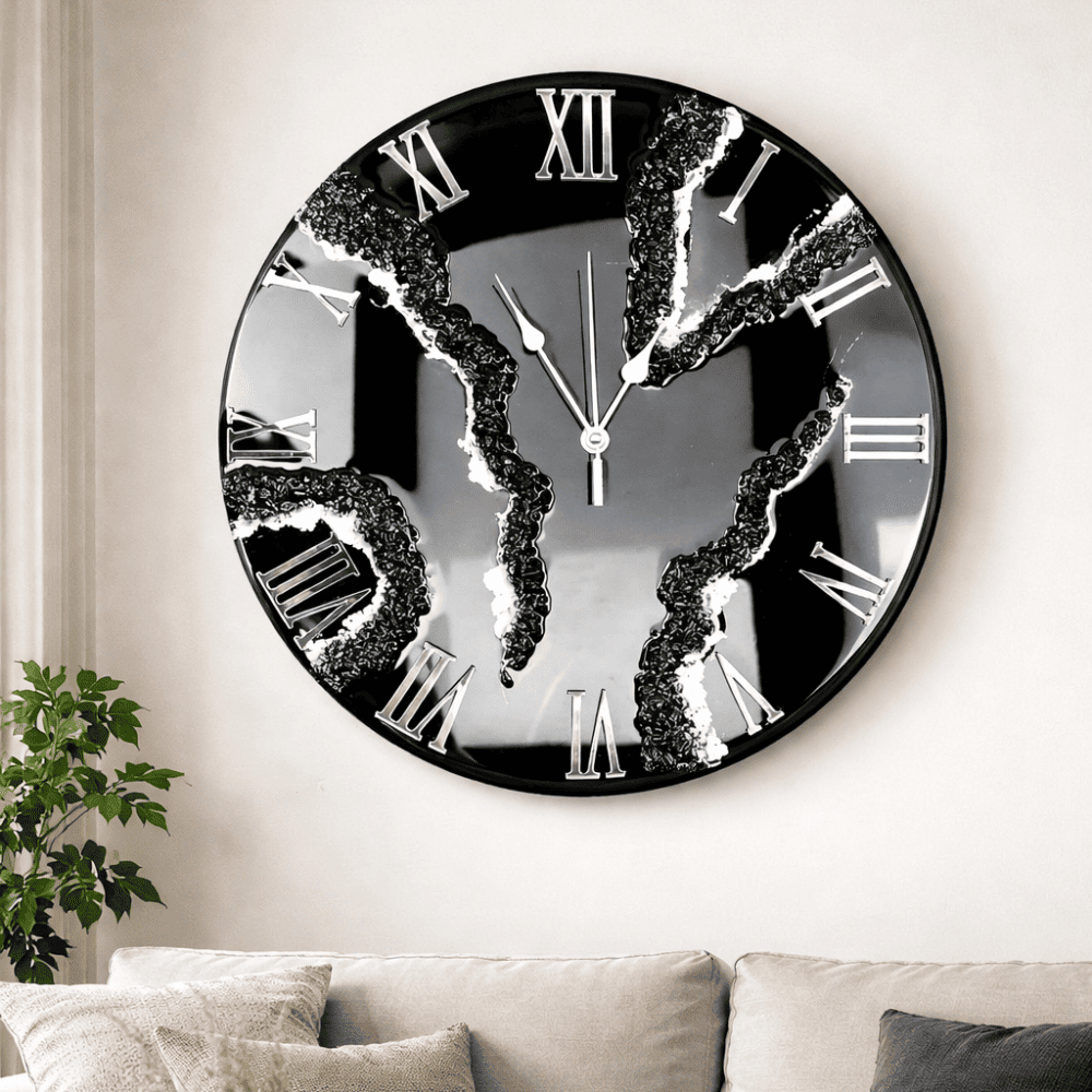 Black Marble Geode Resin Wall Clock — view 2