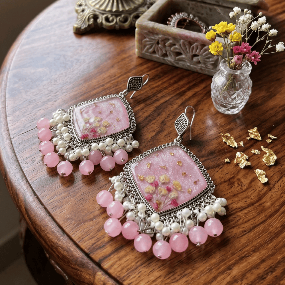 Handcrafted Pink Floral Resin Earrings | GIFTISTAN — view 3
