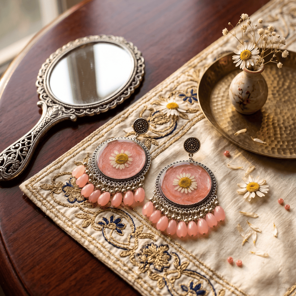 Handmade Resin Pressed Flower Earrings | Pink & Gold Jhumka Style — view 2