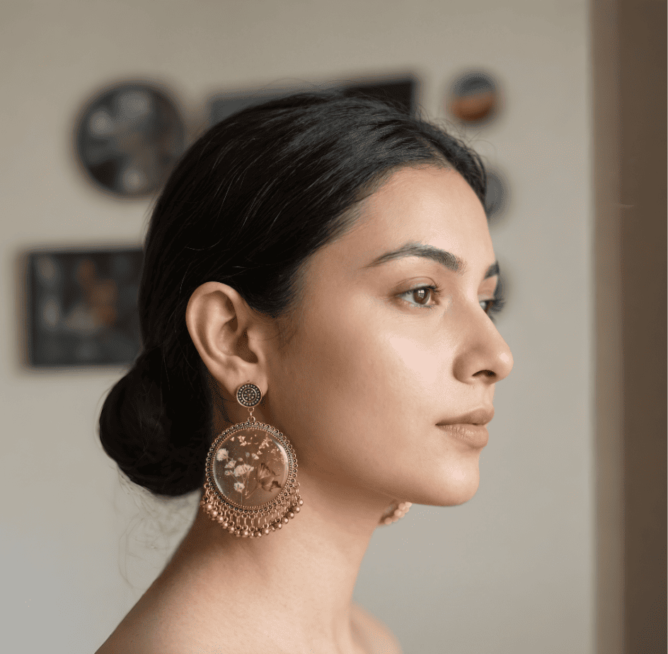 Transparent Resin Floral Statement Earrings with Gold Foil & Ghungroo Drops — view 5