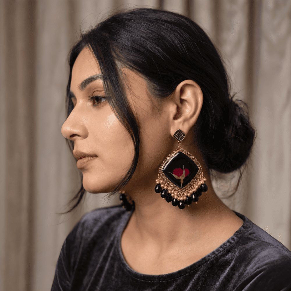 Black Resin Dried Rose Statement Earrings with Gold Beads — view 5